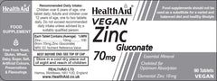 Health Aid Vegan Zinc Gluconate 70mg 90's