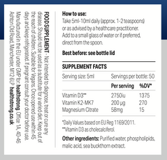 Healthstrong Liposomal Vitamin D3/K2 with Magnesium (AbsorbX008) 250ml
