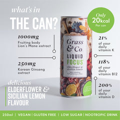 Grass & Co Liquid FOCUS Elderflower & Sicilian Lemon with Lion's Mane Nootropic Drink 250ml