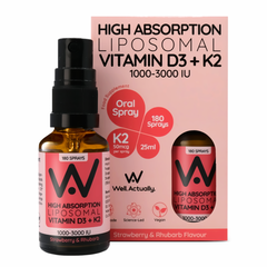 Well.Actually. High Absorption Liposomal Vitamin D3+K2 1000-3000IU Oral Spray Strawberry & Rhubarb 25ml